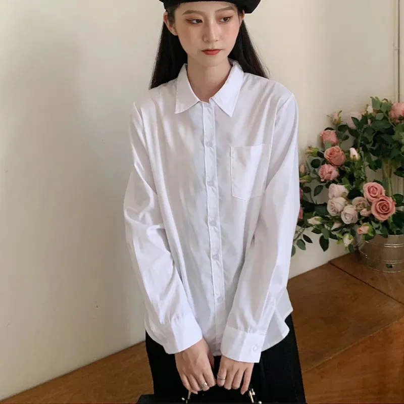 MEXZT Japanese Women Solid White Shirts Spring Jk Preppy Style Long Sleeve Student Blouse Fashion Button Female Pocket Tops New