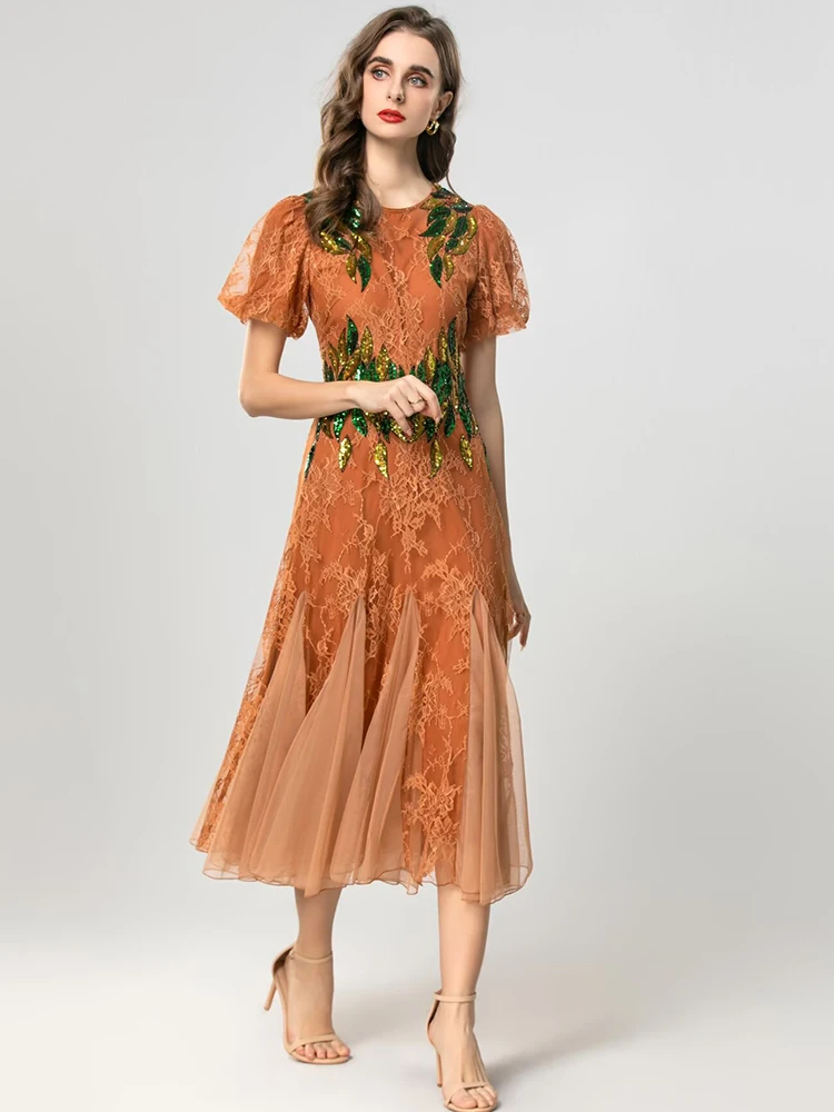 Seasixiang Sequins Embroidery Lace Dress For Women O-Neck Puff Sleeves Mesh Patchwork Vintage Dresses Fashion Spring Female