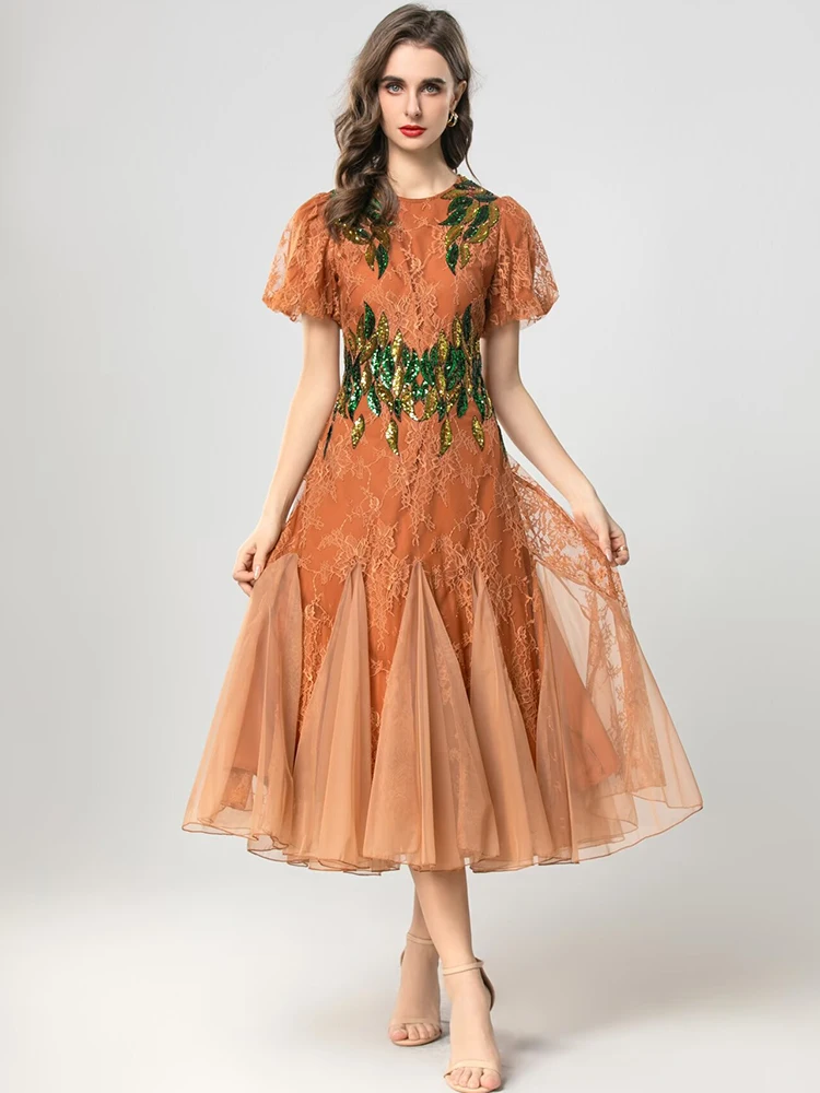 Seasixiang Sequins Embroidery Lace Dress For Women O-Neck Puff Sleeves Mesh Patchwork Vintage Dresses Fashion Spring Female