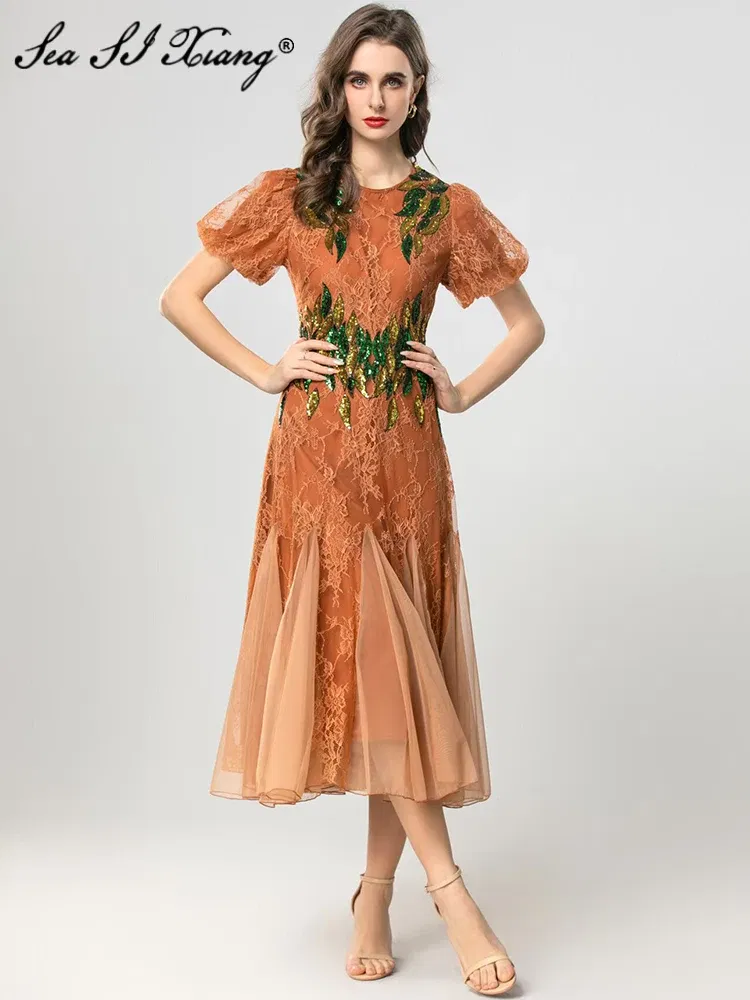 Seasixiang Sequins Embroidery Lace Dress For Women O-Neck Puff Sleeves Mesh Patchwork Vintage Dresses Fashion Spring Female