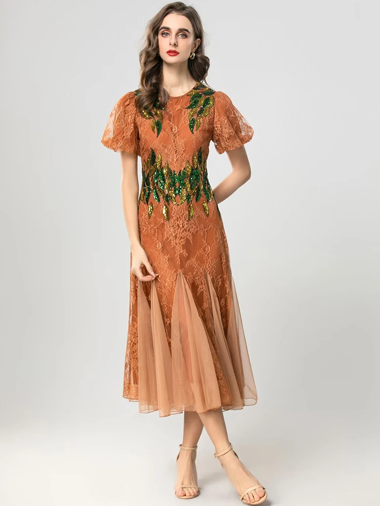 Seasixiang Sequins Embroidery Lace Dress For Women O-Neck Puff Sleeves Mesh Patchwork Vintage Dresses Fashion Spring Female