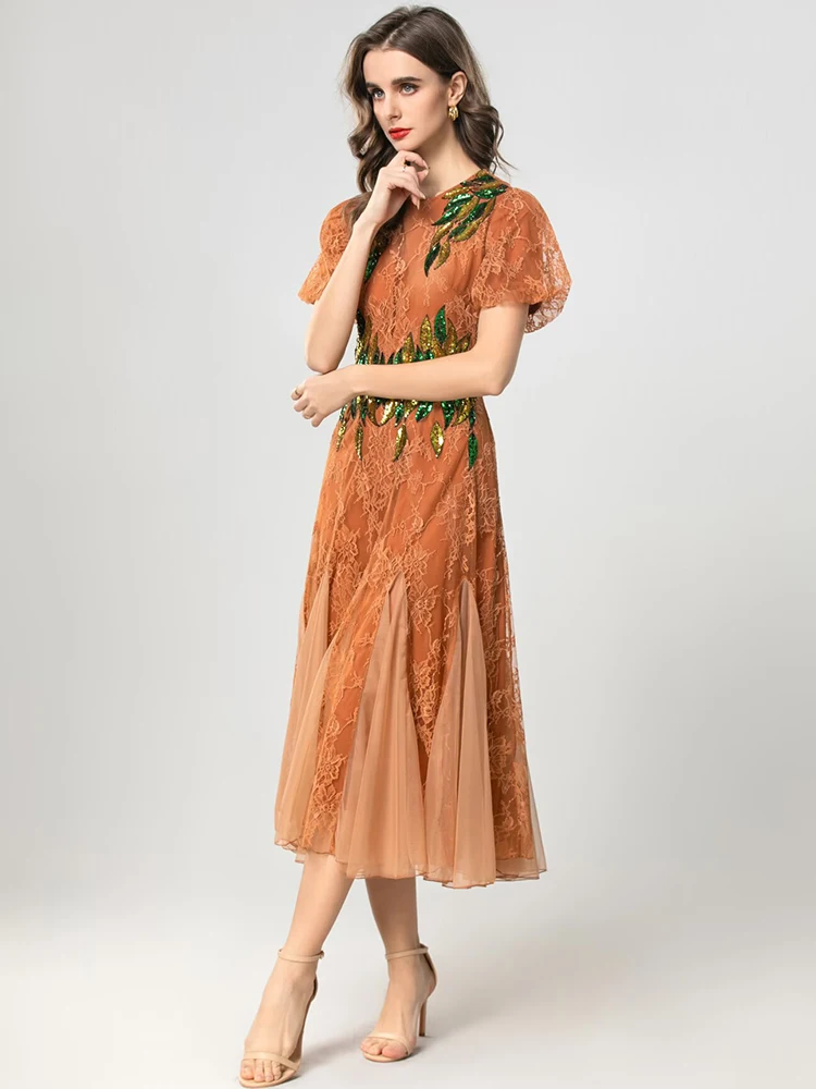 Seasixiang Sequins Embroidery Lace Dress For Women O-Neck Puff Sleeves Mesh Patchwork Vintage Dresses Fashion Spring Female