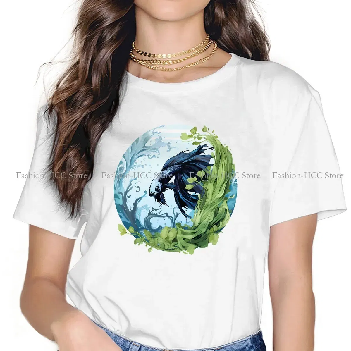 Color: black, Size: XXXL - Betta In A Bubble Hip Hop Polyester TShirt Fish Funny Cartoon Style Tops Leisure T Shirt Female Short Sleeve