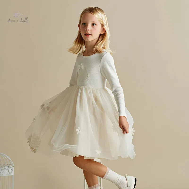 Color: Beige, Kid Size: 6 - Dave Bella Girl's Dress Children's Kids' 2024 New Spring Princess Dress Charm Sweet Gentle Fashion Mesh Party Outdoor DK1248740