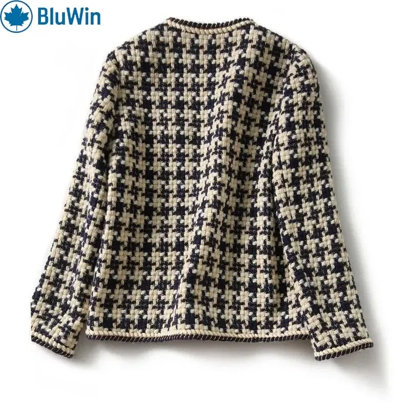Color: black, Size: XXL - URBANCHIC Classic Checkered Tweed Jacket ?“ Elegant Contrast Trim for a Timeless, Chic Look