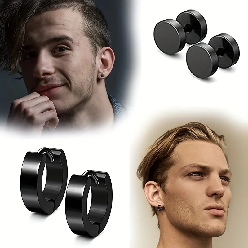 Metal Color: Light Yellow Gold Color - 16pairs Stainless Steel Earrings For Men, CZ Black & Silvery Earrings Huggie Hoop Jewelry Earrings Set