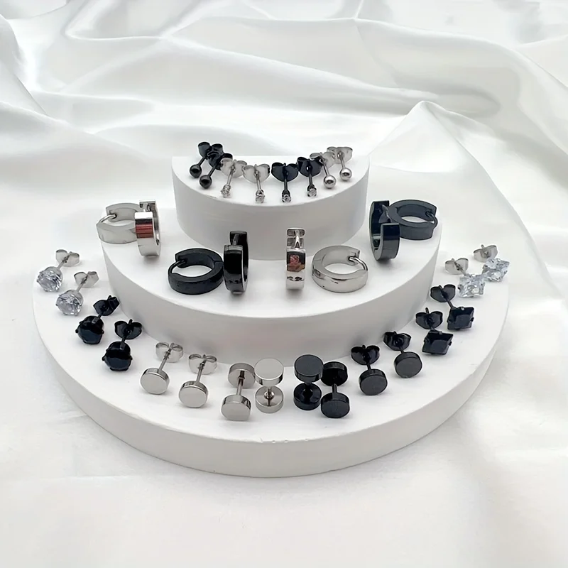 Metal Color: Light Yellow Gold Color - 16pairs Stainless Steel Earrings For Men, CZ Black & Silvery Earrings Huggie Hoop Jewelry Earrings Set
