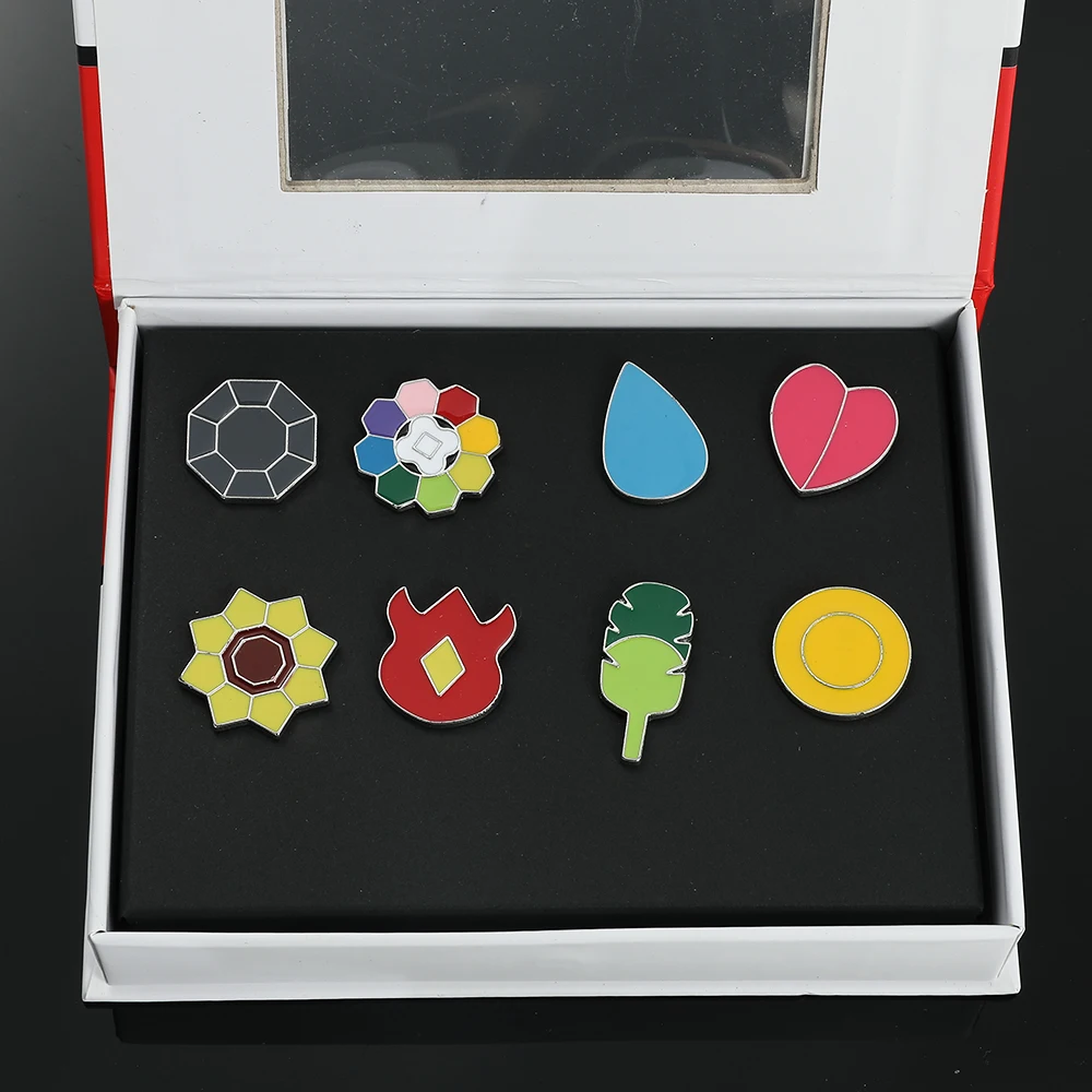 Metal color: Gold-color - Pokemon Gym Badges Kanto Johto Hoenn Sinnoh Unova Kalos League Region Orange Islands Pins Brooches Box Set Pocket Monster