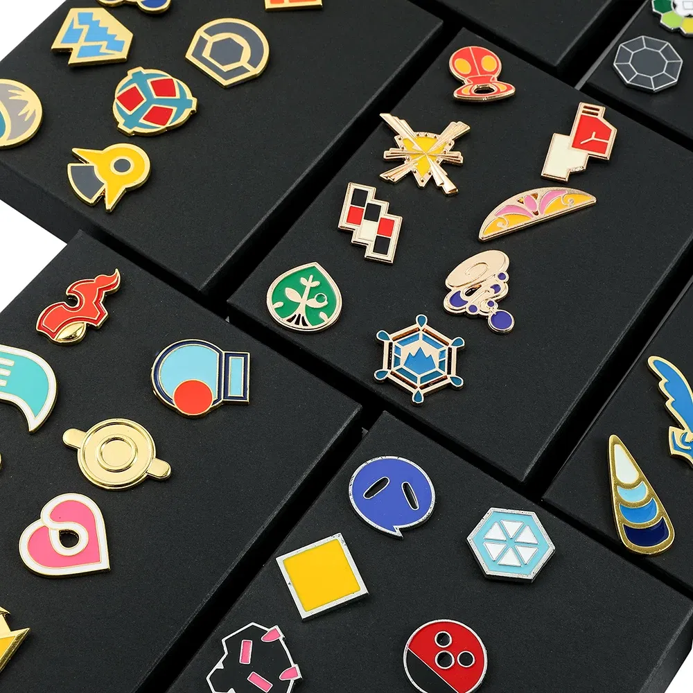 Metal color: Gold-color - Pokemon Gym Badges Kanto Johto Hoenn Sinnoh Unova Kalos League Region Orange Islands Pins Brooches Box Set Pocket Monster