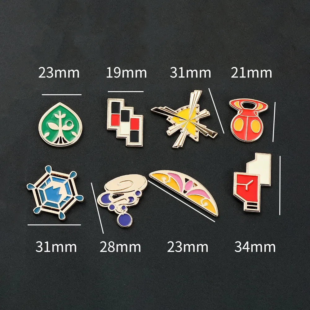Metal color: Gold-color - Pokemon Gym Badges Kanto Johto Hoenn Sinnoh Unova Kalos League Region Orange Islands Pins Brooches Box Set Pocket Monster