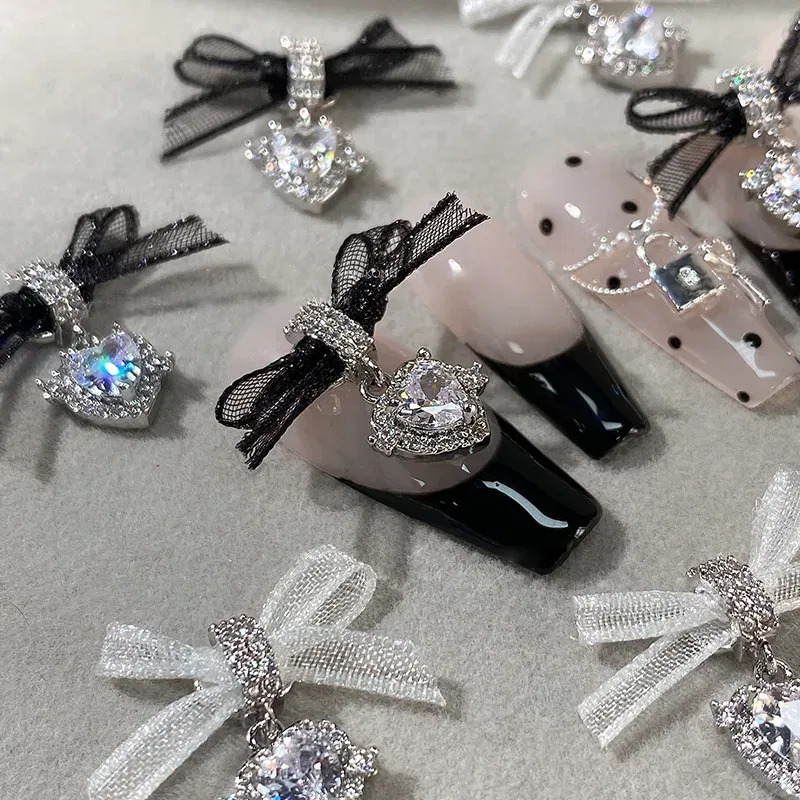 Color: WHITE - 5PCS New Metal Zircon Nail Art Accessories With Lace Bow Love Zircon Pendant Nail Charms Nail Supplies For Professionals