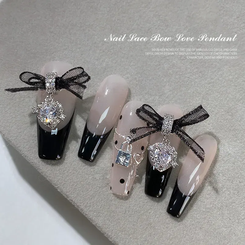 Color: WHITE - 5PCS New Metal Zircon Nail Art Accessories With Lace Bow Love Zircon Pendant Nail Charms Nail Supplies For Professionals