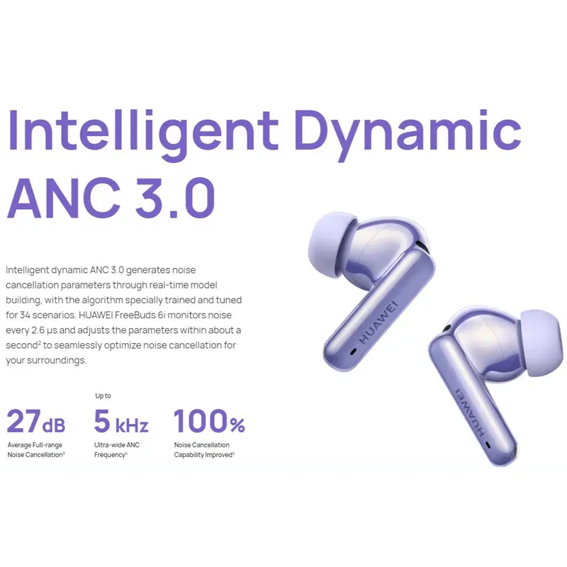 Color: PURPLE - 100% Original Huawei Freebuds 6i (T0019) Bluetooth Headphone ANC 3.0 Punchy Bass 35-Hour Battery Life Earphone Headset
