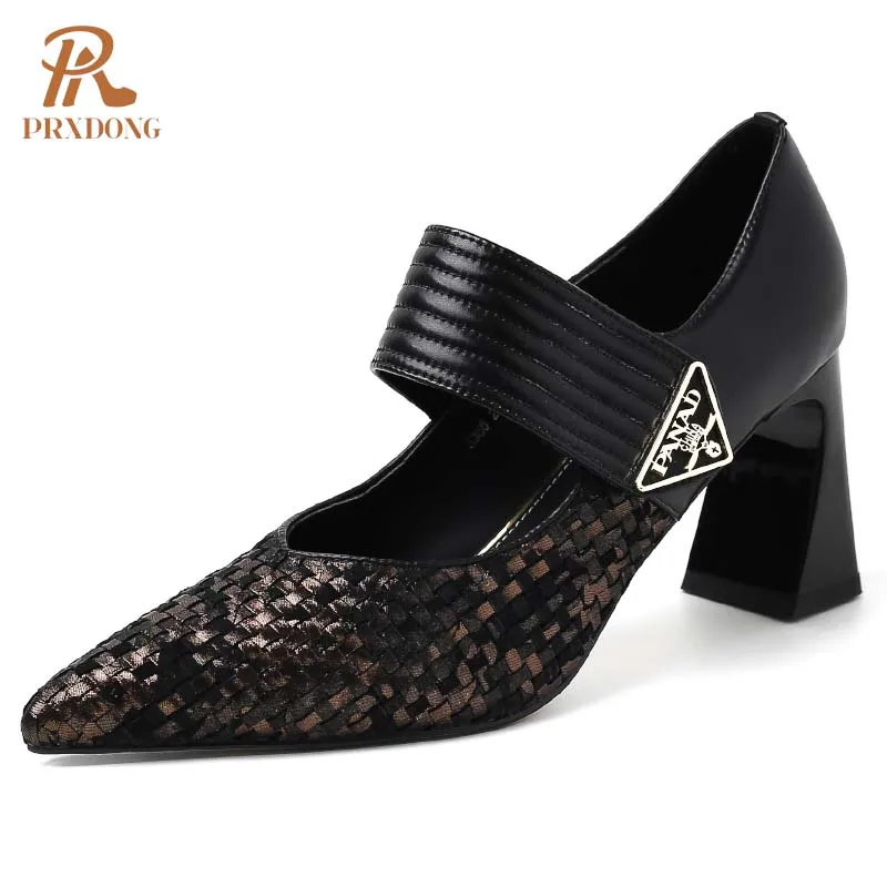 Color: black, Shoe Size: 38 - PRXDONG Genuine Leather Women Pumps 2025 New Spring Summer High Heels Pointed toe Black Brown Dress Party Female Shoes Size 40