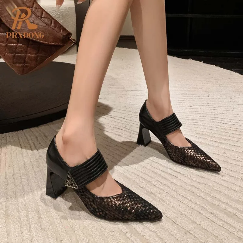 Color: black, Shoe Size: 38 - PRXDONG Genuine Leather Women Pumps 2025 New Spring Summer High Heels Pointed toe Black Brown Dress Party Female Shoes Size 40