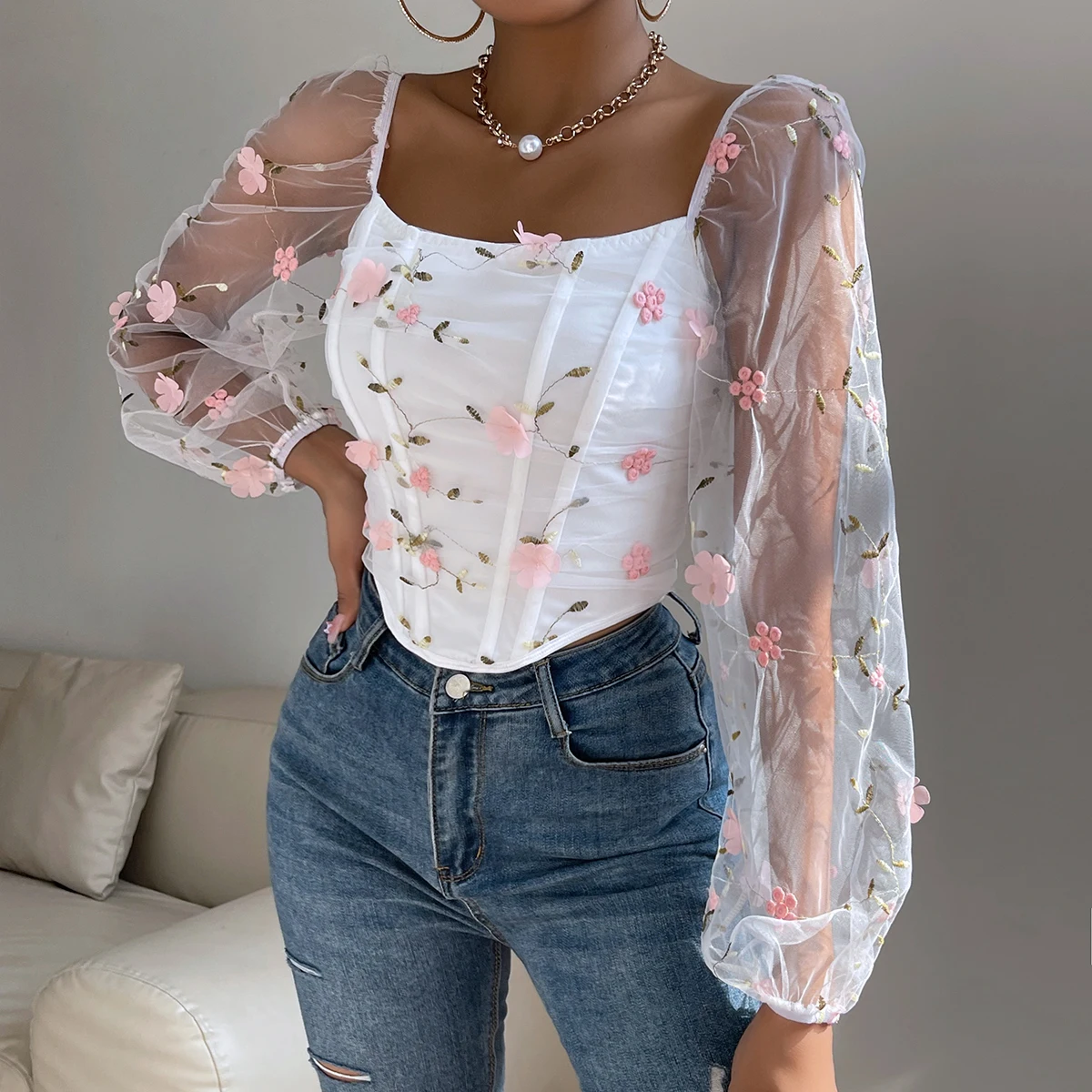 Color: PURPLE, Size: M - Vemina Sexy?‹ Embroidery Long Sleeve Slim Tops For Women Summer,Hollow Mesh Sheer Backless Puff Sleeve Fishbone Skinny Crop Top