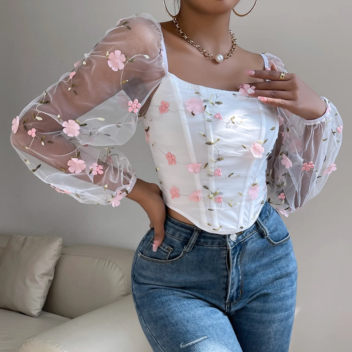 Color: PURPLE, Size: M - Vemina Sexy?‹ Embroidery Long Sleeve Slim Tops For Women Summer,Hollow Mesh Sheer Backless Puff Sleeve Fishbone Skinny Crop Top