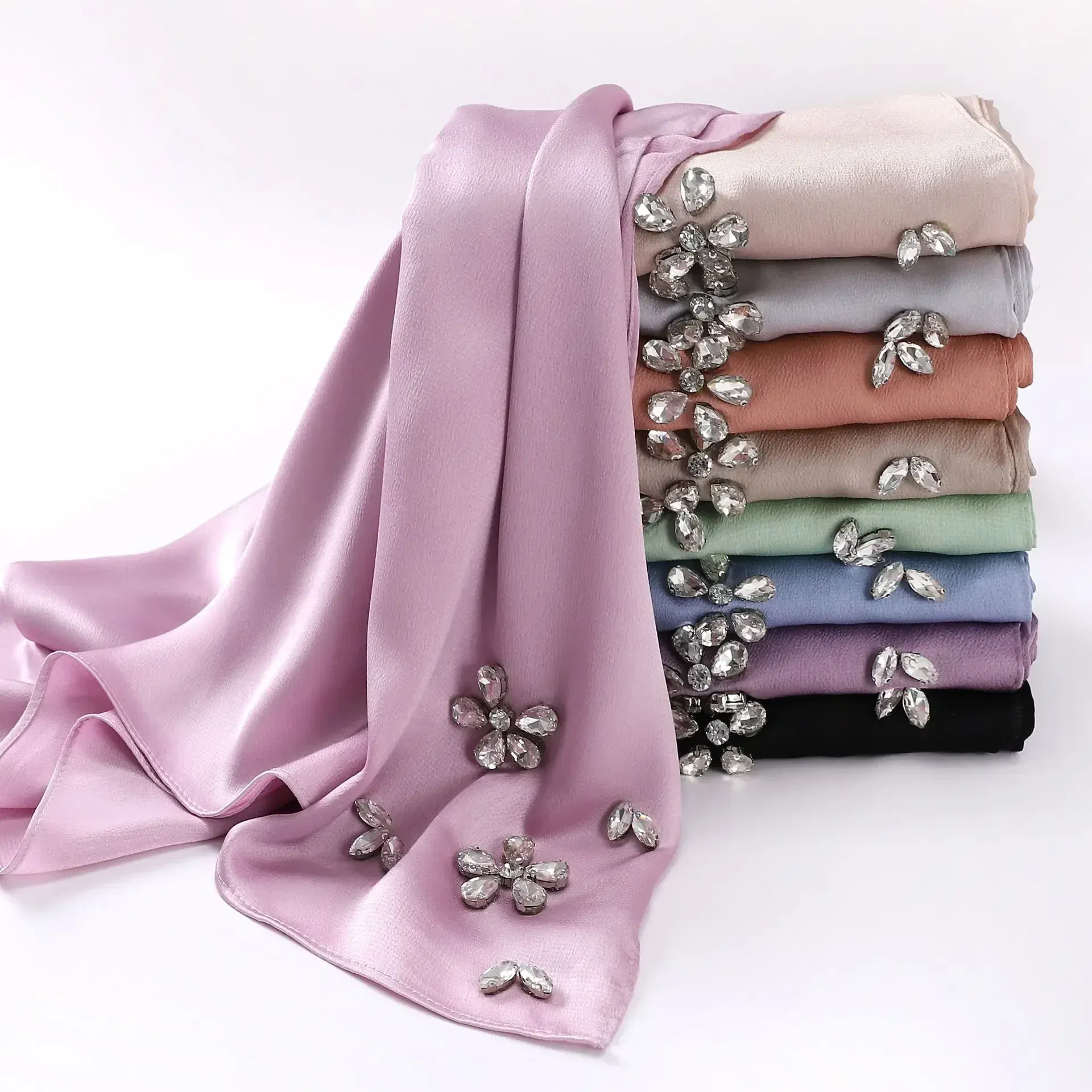 Color: red brown - New Designers Diamonds Satin Hijab Chiffon Scarf Women Luxury Silk Scarves Woman Turban Silk Scarfs for Women Bandana Headband