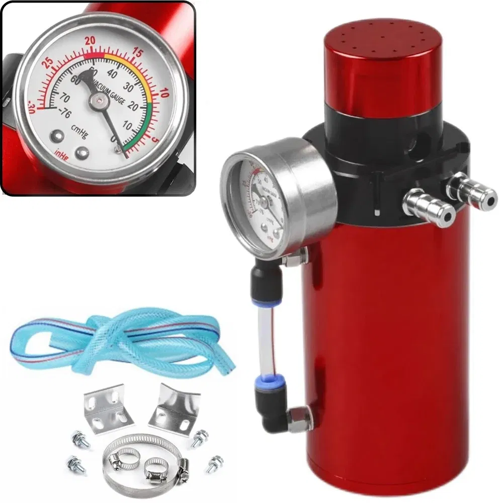 Color: Silver - Aluminum Engine Oil Catch Tank Reservoir Breather Can + Vacuum Gauge + Hose Blue/Red/Silver/Black
