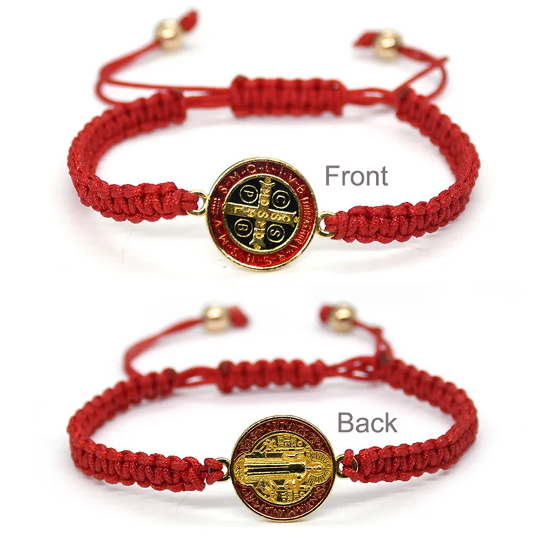 Metal Color: REDDISH BROWN - QIGO St. Benedict Bracelet For Men Women Rope Weave Religious Jewelry Red Black