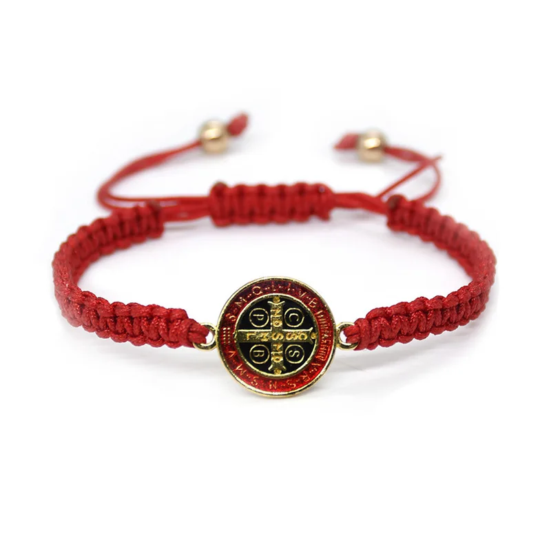 Metal Color: REDDISH BROWN - QIGO St. Benedict Bracelet For Men Women Rope Weave Religious Jewelry Red Black