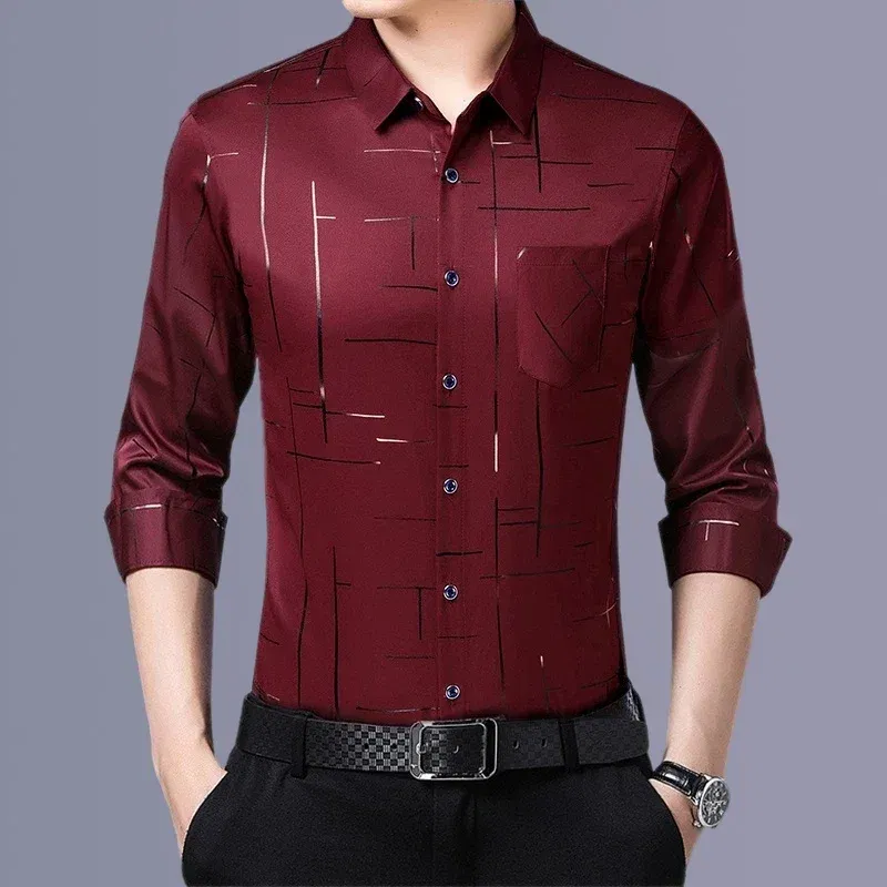 Color: Red, Size: S - Men's Casual and Fashionable Long Sleeved Printed Shirt, Non Ironing and Wrinkle Resistant Business Top