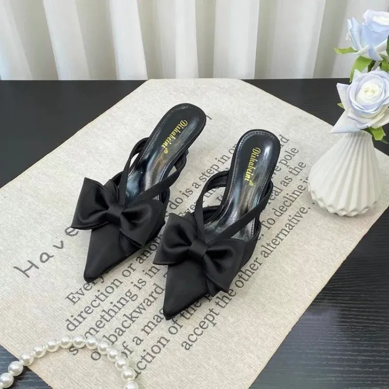 Color: Pink, Shoe Size: 40 - Fairy Style Pink Cool Slippers for Women's Summer 2024 French Pointed Bow Hollow High Heels, Half Wrapped Women's Slippers