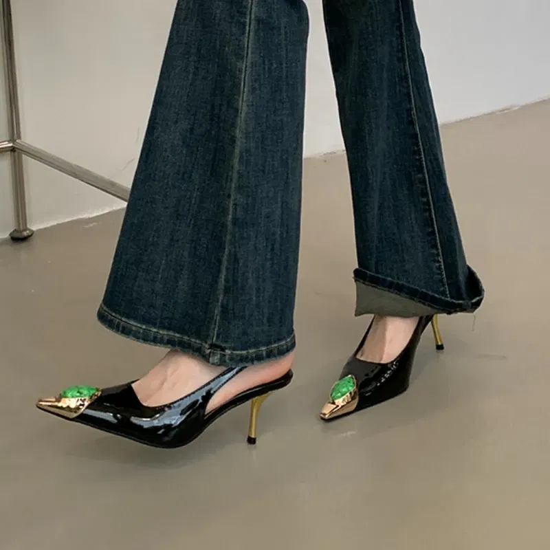 Color: black, Shoe Size: 35 - Sexy Women's High Heels Mules 2025 New Fashion Pointed Dress Women's Shoes Open Heel Party High Heels Striptease Sandals Women