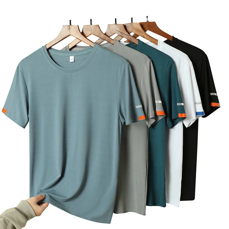 Color: WHITE, Size: XXL - Men's Silk Ice Round Collar T-shirt, Simple Running Fitness Suit, Breathable Thin T-shirt, Quick Dry T-shirt, Summer