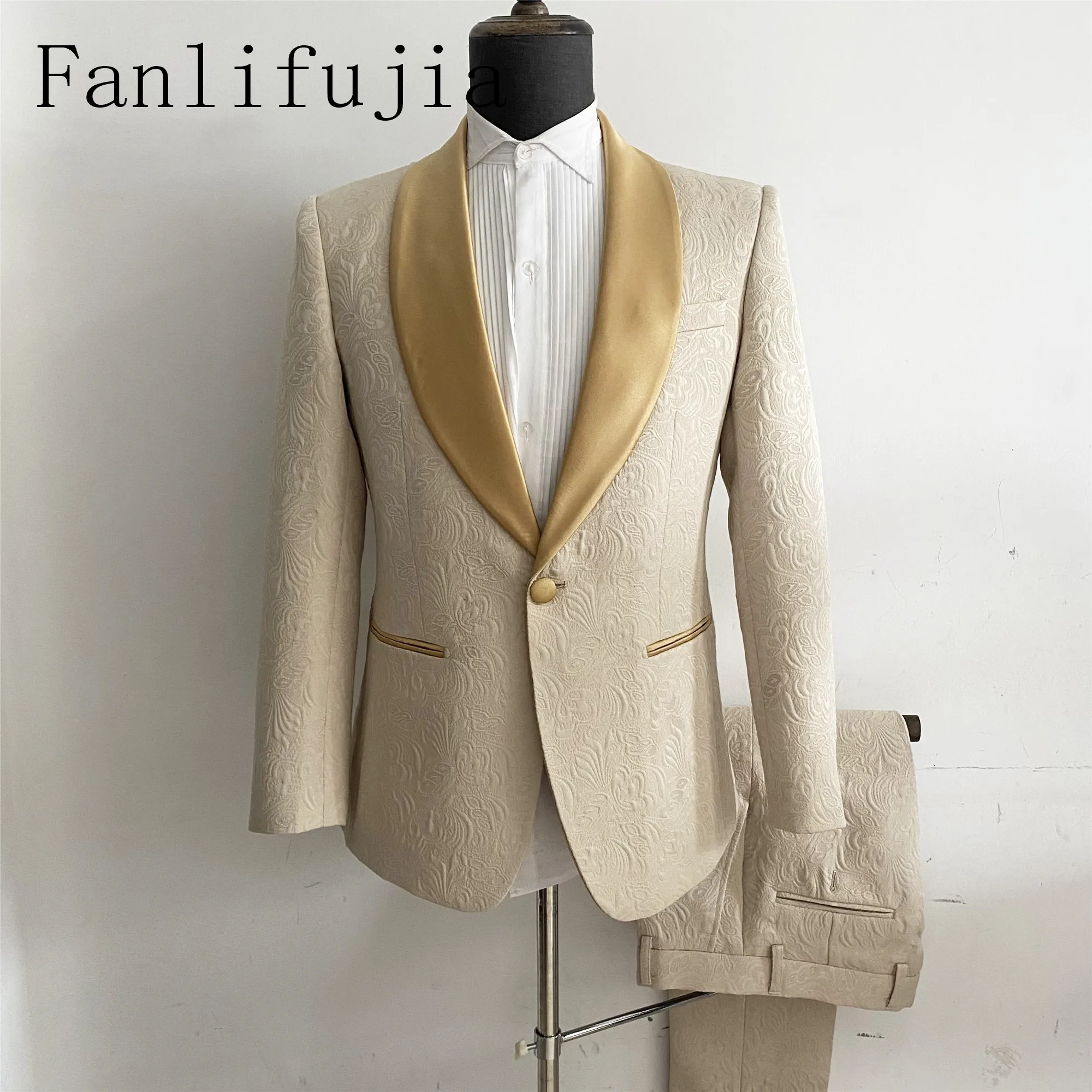 Color: Champagne, Size: XL - Fanlifujia Mens Wedding Suits 2023 Italian Design Custom Made Champagne Smoking Tuxedo Jacket 2 Piece Groom Terno Suits For Men