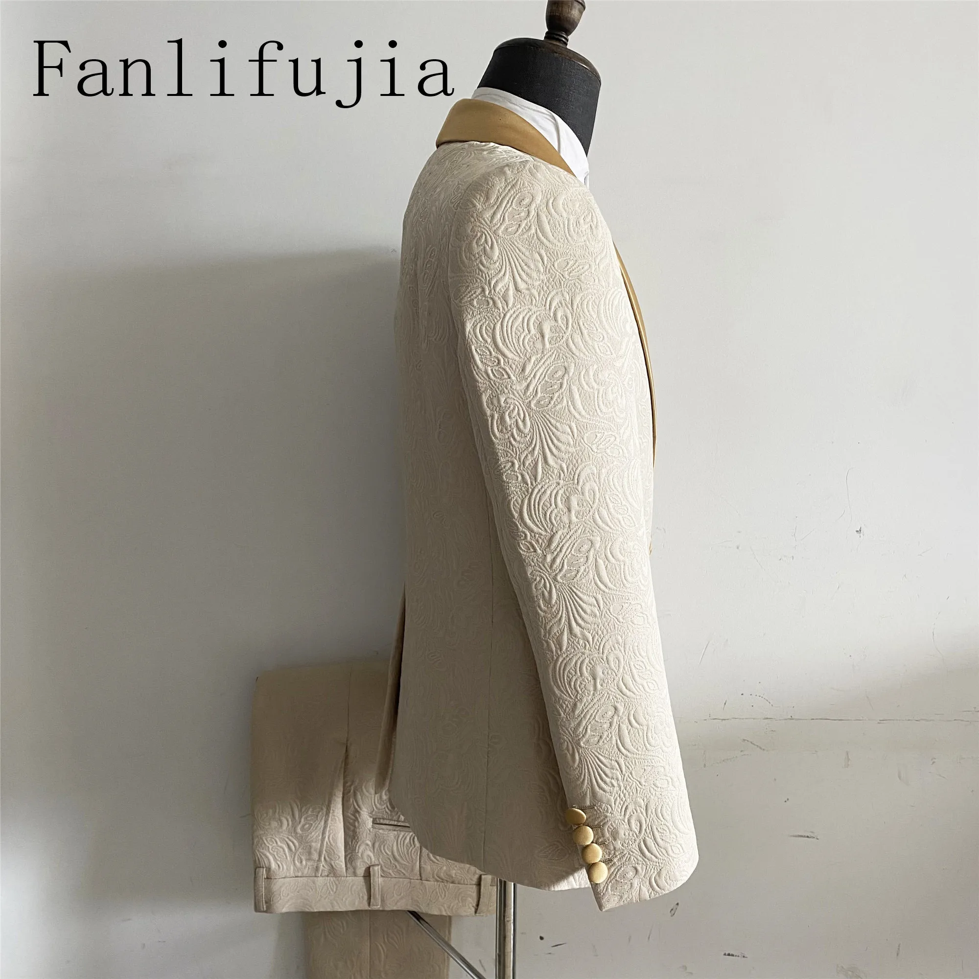 Color: Champagne, Size: XL - Fanlifujia Mens Wedding Suits 2023 Italian Design Custom Made Champagne Smoking Tuxedo Jacket 2 Piece Groom Terno Suits For Men