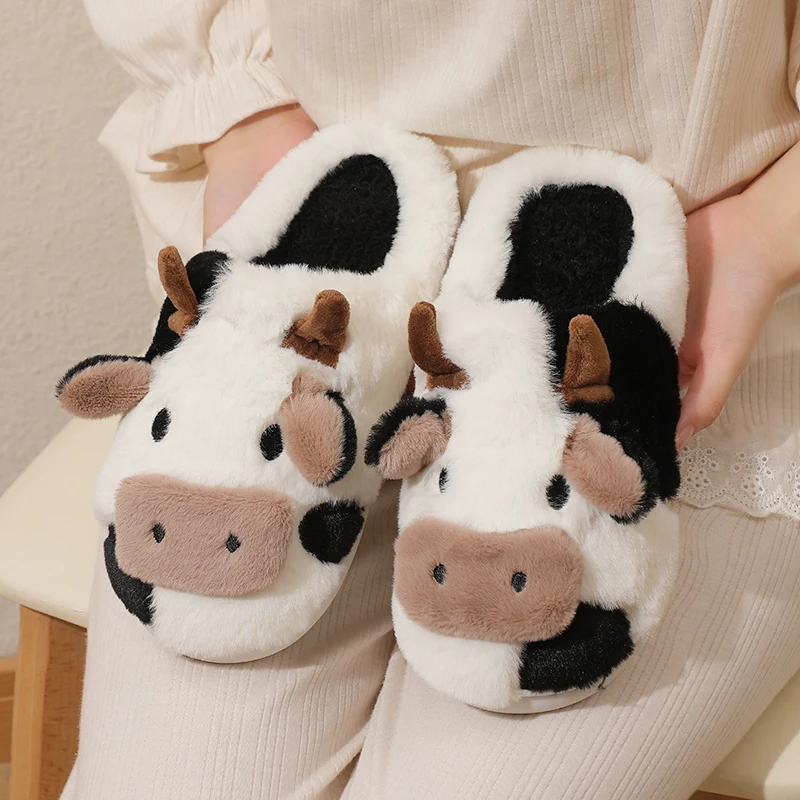 Color: Khaki, Shoe Size: 45 - New Winter Unisex Cartoon Cow Warm Plush Slippers Couple's Indoor Non-slip House Mule Men And Women Toe Wrap Home Cotton Shoes
