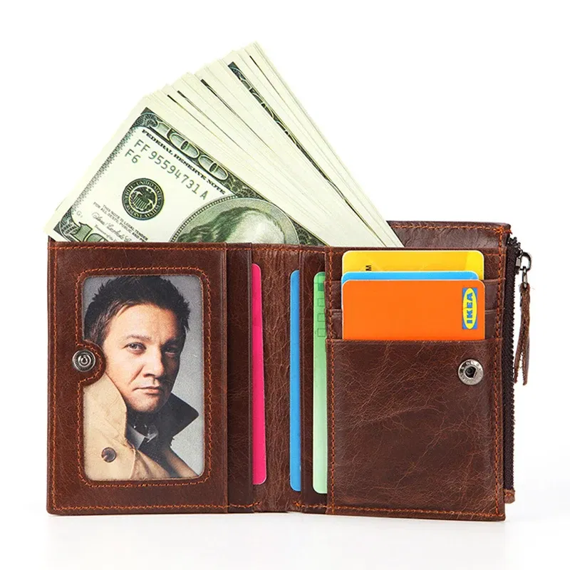 Color: Coffee - Fashion Genuine Leather Men's Short Wallet with Zipper Bag RFID Luxury Designer Wallet for Men High Quality Cardholder
