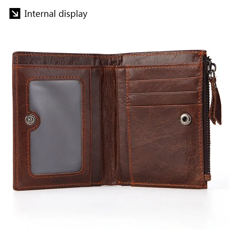 Color: Coffee - Fashion Genuine Leather Men's Short Wallet with Zipper Bag RFID Luxury Designer Wallet for Men High Quality Cardholder