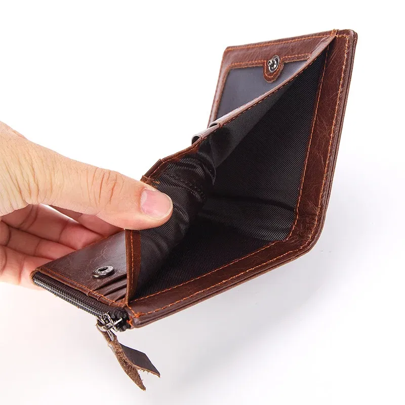Color: Coffee - Fashion Genuine Leather Men's Short Wallet with Zipper Bag RFID Luxury Designer Wallet for Men High Quality Cardholder