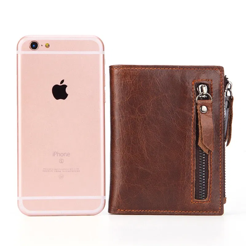 Color: Coffee - Fashion Genuine Leather Men's Short Wallet with Zipper Bag RFID Luxury Designer Wallet for Men High Quality Cardholder