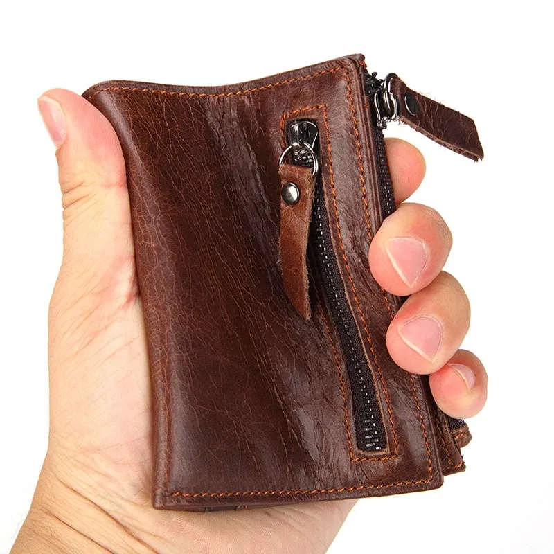 Color: Coffee - Fashion Genuine Leather Men's Short Wallet with Zipper Bag RFID Luxury Designer Wallet for Men High Quality Cardholder