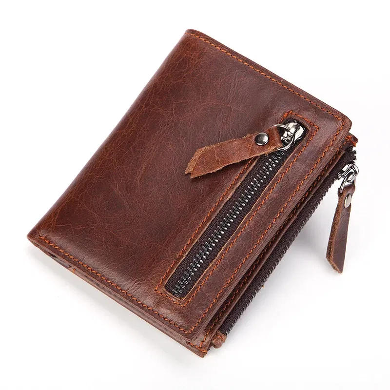 Color: Coffee - Fashion Genuine Leather Men's Short Wallet with Zipper Bag RFID Luxury Designer Wallet for Men High Quality Cardholder