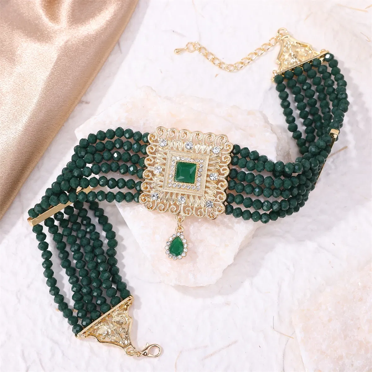 Metal color: Rhodium Plated - Hand Beaded Necklaces Water Drop Pendants Beaded Necklaces For Arab Brides