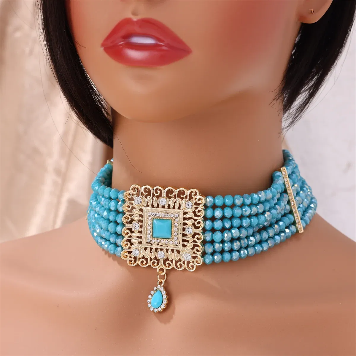 Metal color: Rhodium Plated - Hand Beaded Necklaces Water Drop Pendants Beaded Necklaces For Arab Brides
