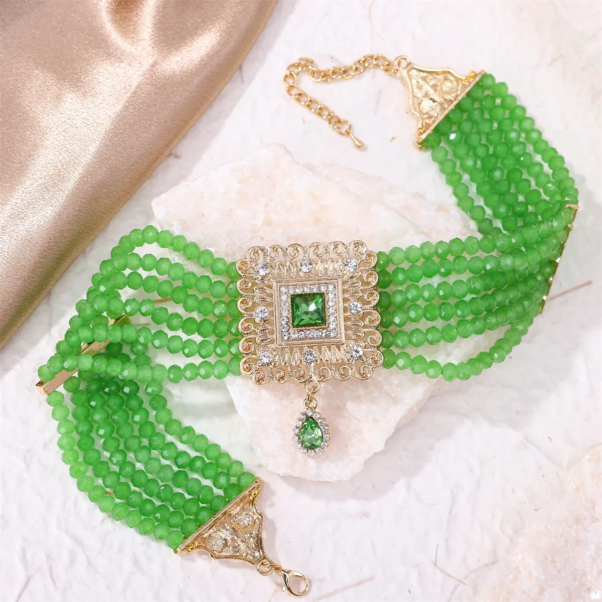 Metal color: Rhodium Plated - Hand Beaded Necklaces Water Drop Pendants Beaded Necklaces For Arab Brides