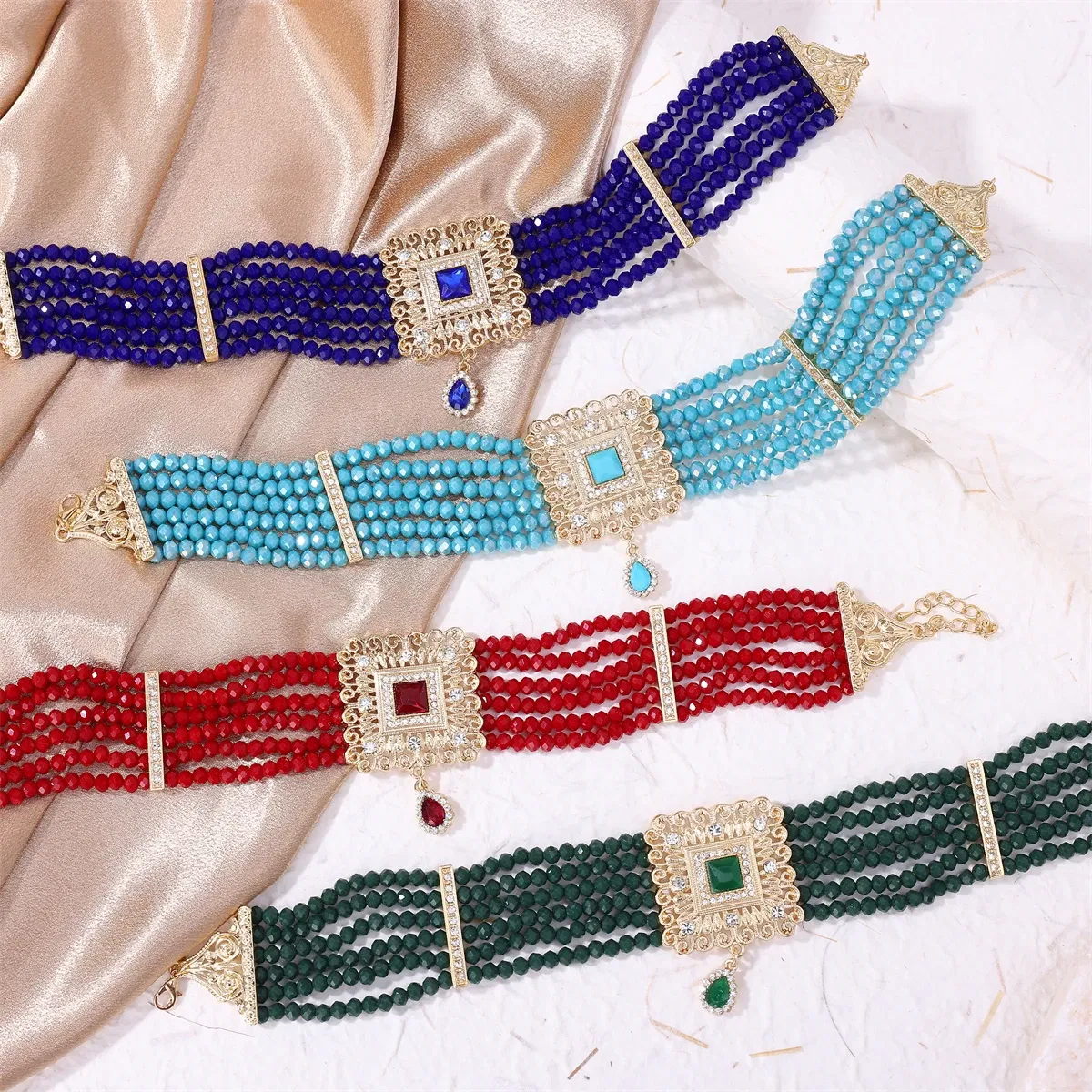 Metal color: Rhodium Plated - Hand Beaded Necklaces Water Drop Pendants Beaded Necklaces For Arab Brides