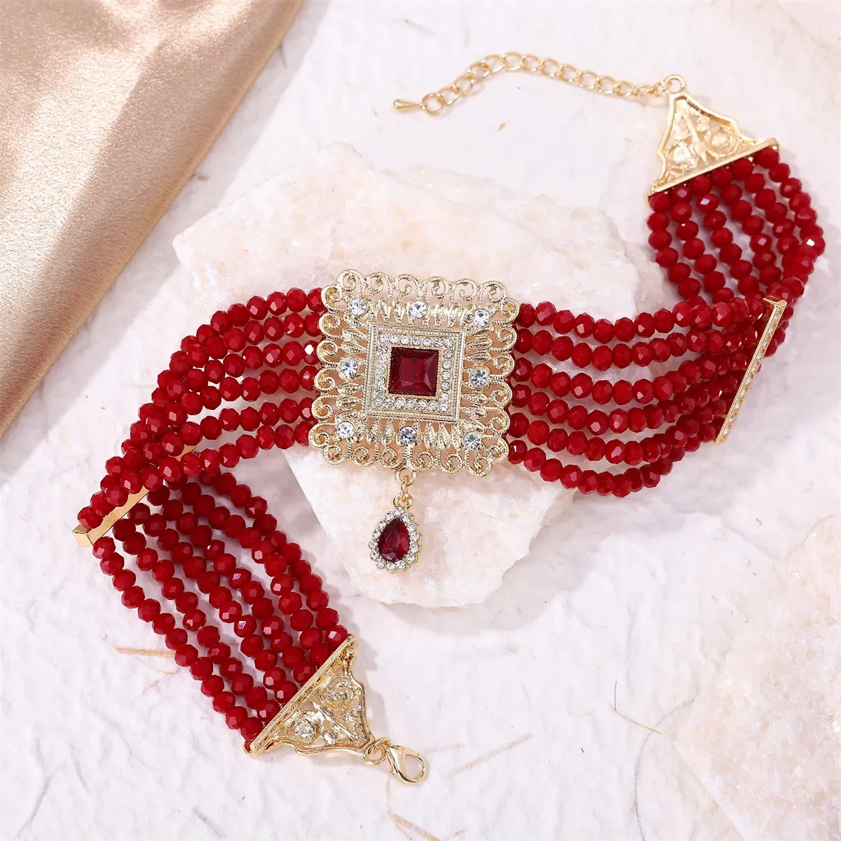 Metal color: Rhodium Plated - Hand Beaded Necklaces Water Drop Pendants Beaded Necklaces For Arab Brides