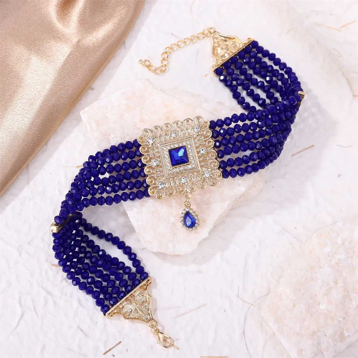 Metal color: Rhodium Plated - Hand Beaded Necklaces Water Drop Pendants Beaded Necklaces For Arab Brides