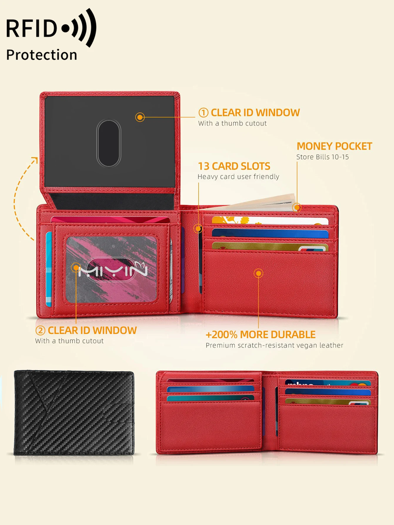 Color: Orange - RFID Carbon Fiber Ultra-thin Trifold Wallet Simple Front Pocket Design Wallet Multi-function Portable 8 Card Slots Men's Wallet