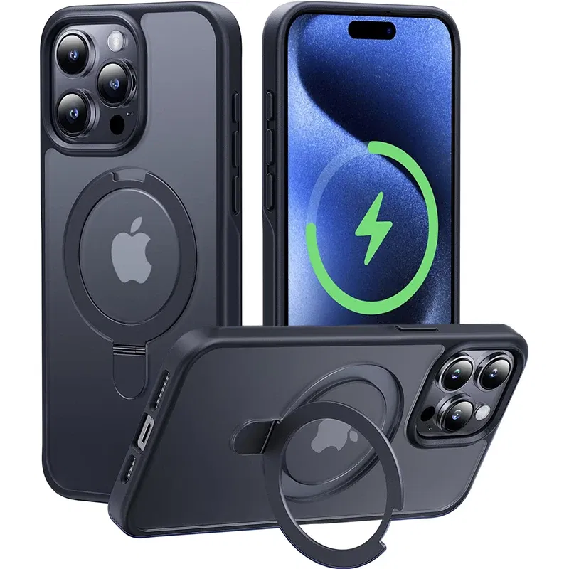 Color: Beige, Material: Carbon Fiber - Magnetic Phone Case with Ring Stand for Wireless Charging iPhone 15 Pro Max 14 Plus 13 12 11 Translucent Cases Matte Slim Cov