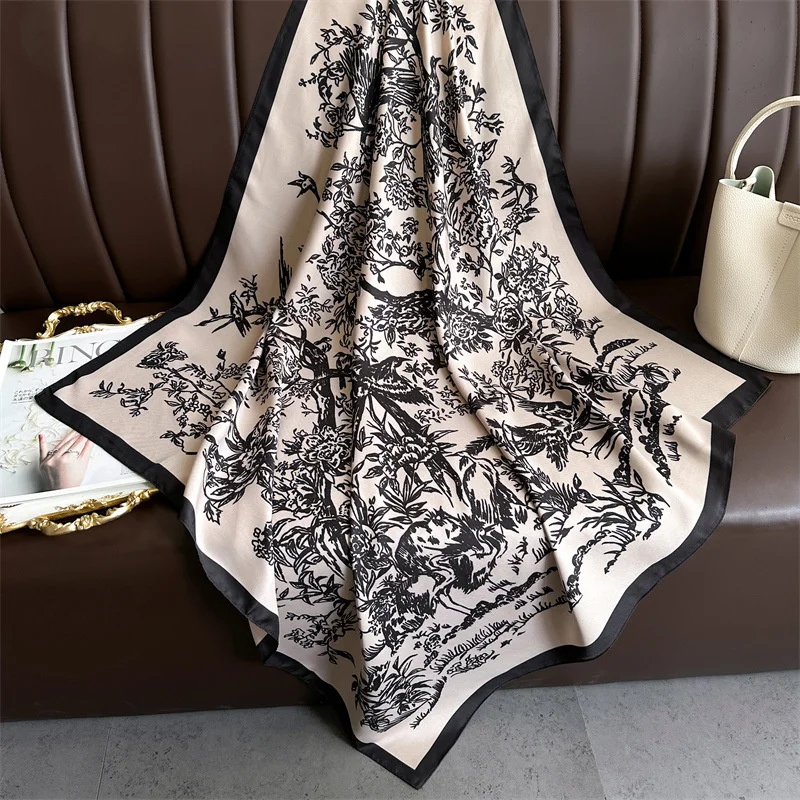 Color: Blue, Size: One Size, Ships From: CHINA - Ink Painting Silk Scarf 90cm Twill Scarves Large Square Sunscreen Shawl Headscarf for Women Hijab Luxury Bufanda Foulard