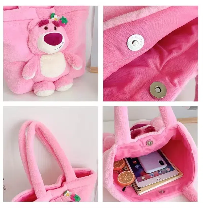 Color: black, Size: Extra Large - Disney 2024 New Cartoon Plush Doll Shoulder Bag Sweet and Cute Stitch Strawberry Bear Soft Cute Girls Handbag