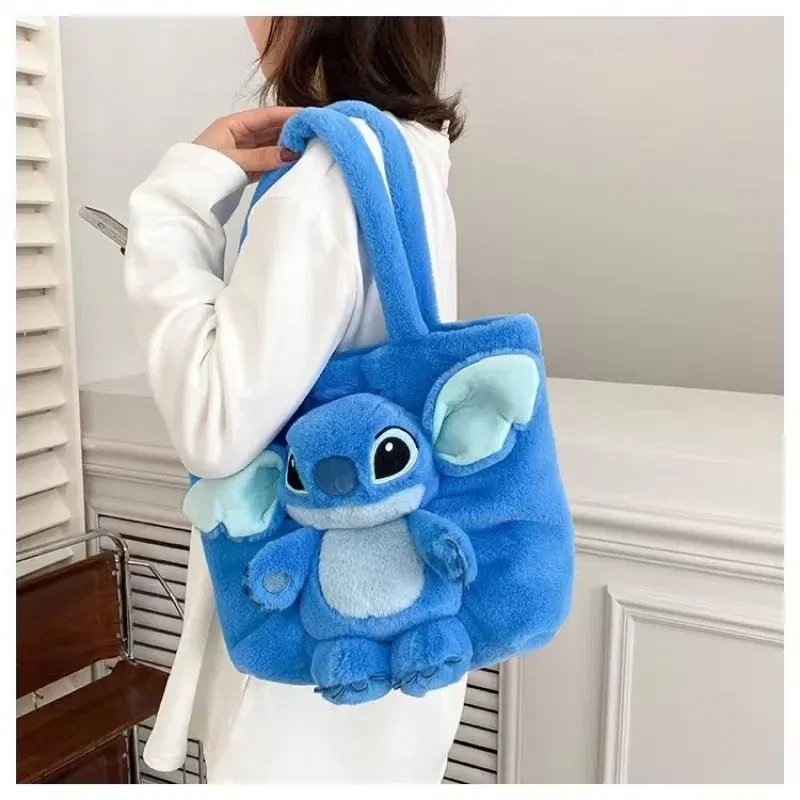 Color: black, Size: Extra Large - Disney 2024 New Cartoon Plush Doll Shoulder Bag Sweet and Cute Stitch Strawberry Bear Soft Cute Girls Handbag