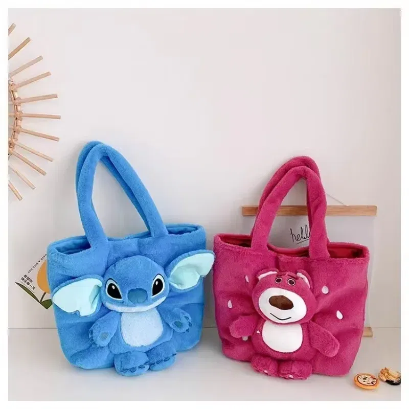 Color: black, Size: Extra Large - Disney 2024 New Cartoon Plush Doll Shoulder Bag Sweet and Cute Stitch Strawberry Bear Soft Cute Girls Handbag
